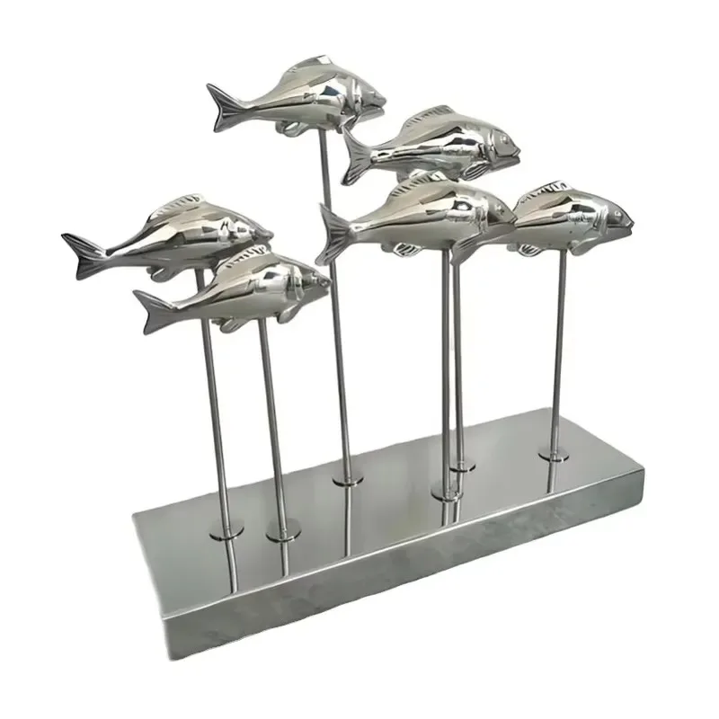 School of Fish Stainless Steel Sculpture Group Aquatic Metal Art Wall Decoration Modern Handmade Polished Outdoor