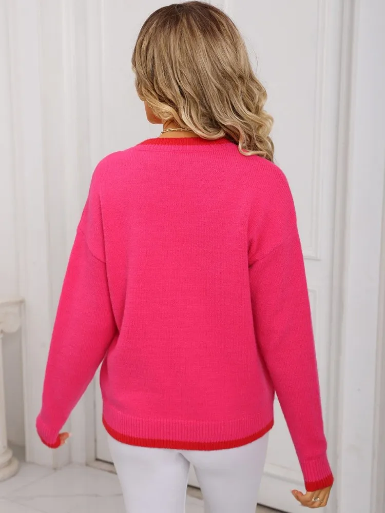 2025 Autumn Women O-Neck Ruffles Sweater Long Sleeve Knitted Bottoming Strawberry Pullovers Stripe Women Casual Sweater Winter