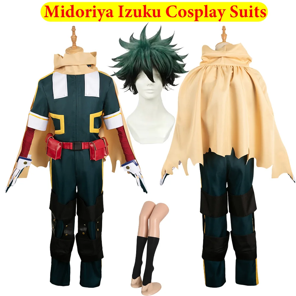 Midoriya Izuku Cosplay Jumpsuit Cloak Costume Anime Hero Roleplay Clothing Wig Men Adult Outfits Halloween Carnival Fantasy Suit
