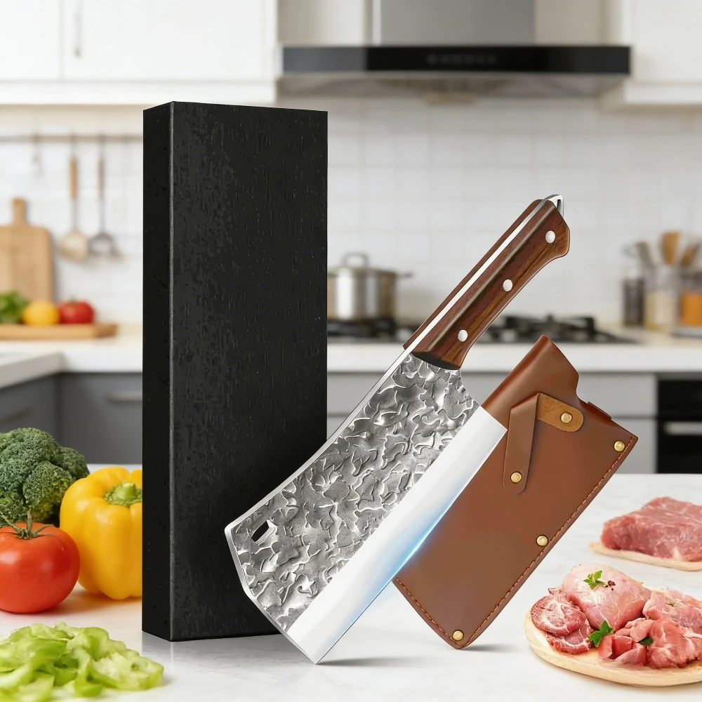 DFITO Hackmesser mit Glückswolken-Muster, Schwarzem Holzgriff, 3CR13 Edelstahl, Scharfes Hackmesser mit Geschenkbox