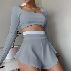 Conjunto de dos piezas de verano para mujer, conjunto de pantalones cortos de retazos de colores sólidos, Tops cortos ajustados sexys, pantalones cortos deportivos informales a la moda, conjunto de faldas
