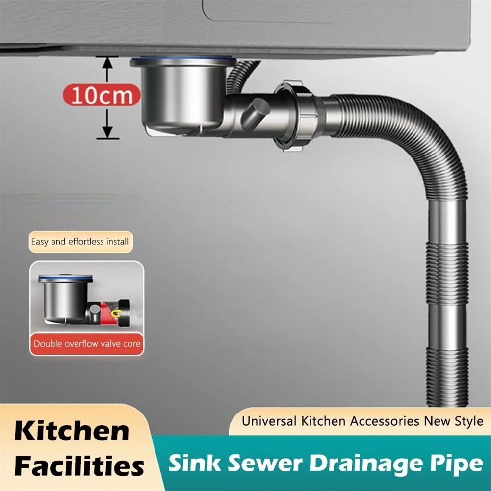 Stainless Steel Kitchen Sink Drain Pipe with Dual Overflow Spoon Cup and Automatic Sealing Valve for and Blockage
