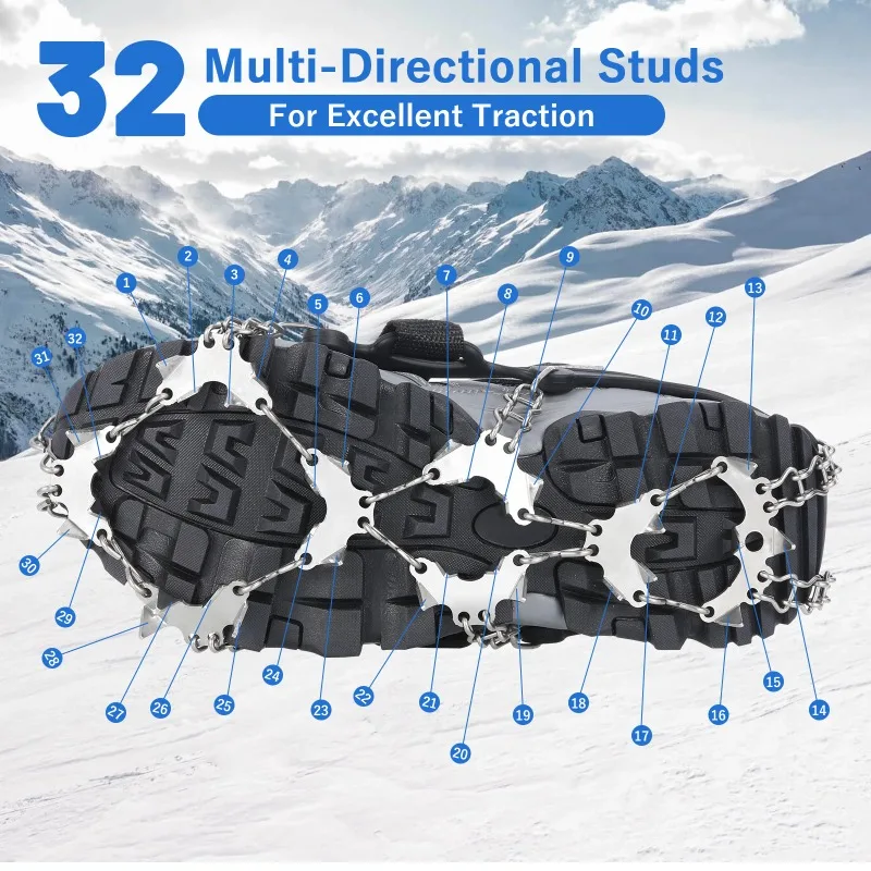 Good 32 Teeth Ice Gripper Spike for Shoes Anti Slip Hiking Climbing Snow Spikes Crampons Cleats Chain Claws Grips Boots Cover