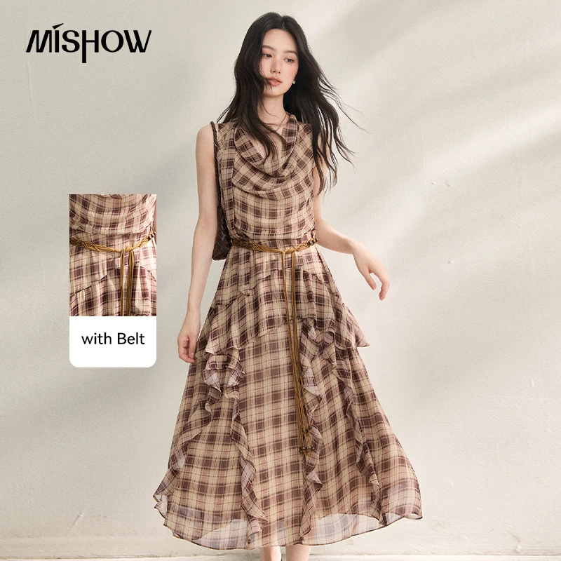 MISHOW Ruffle Plaid Swing Collar Dress 2026 Summer New Sleeveless Breathable Retro Casual Dress With Belt Included MXF21L2604