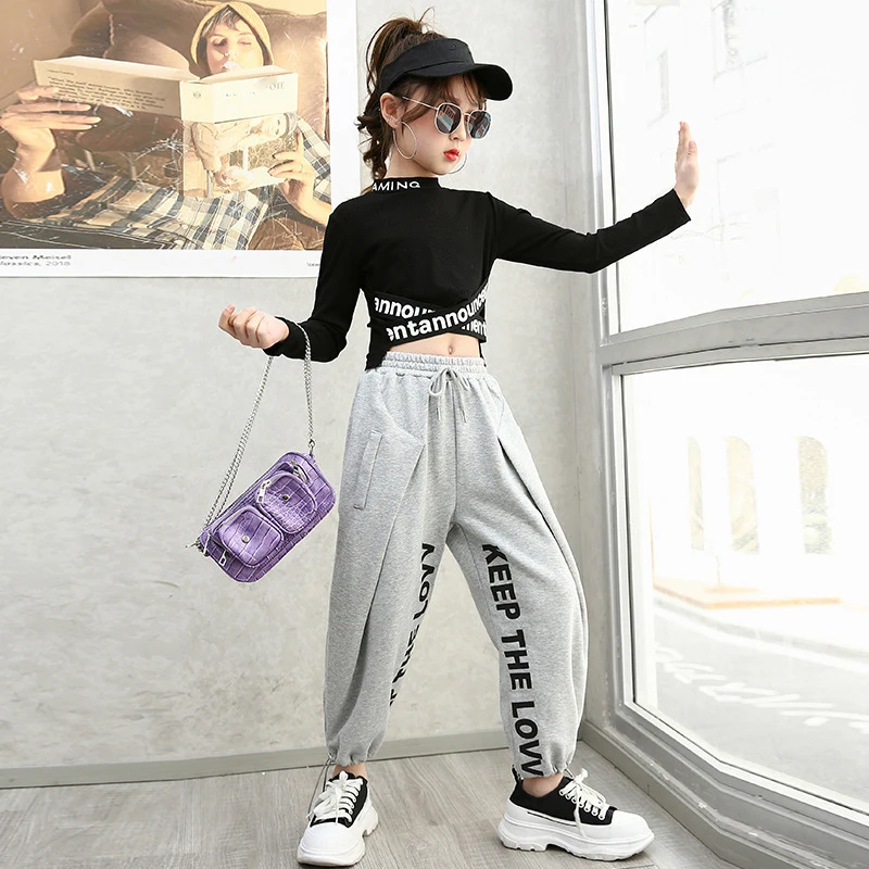 Ragazze Jazz tuta primavera Hip hop costumi di danza bambini Hip-Hop o-collo lettera manica lunga puro cotone abiti abbigliamento per bambini