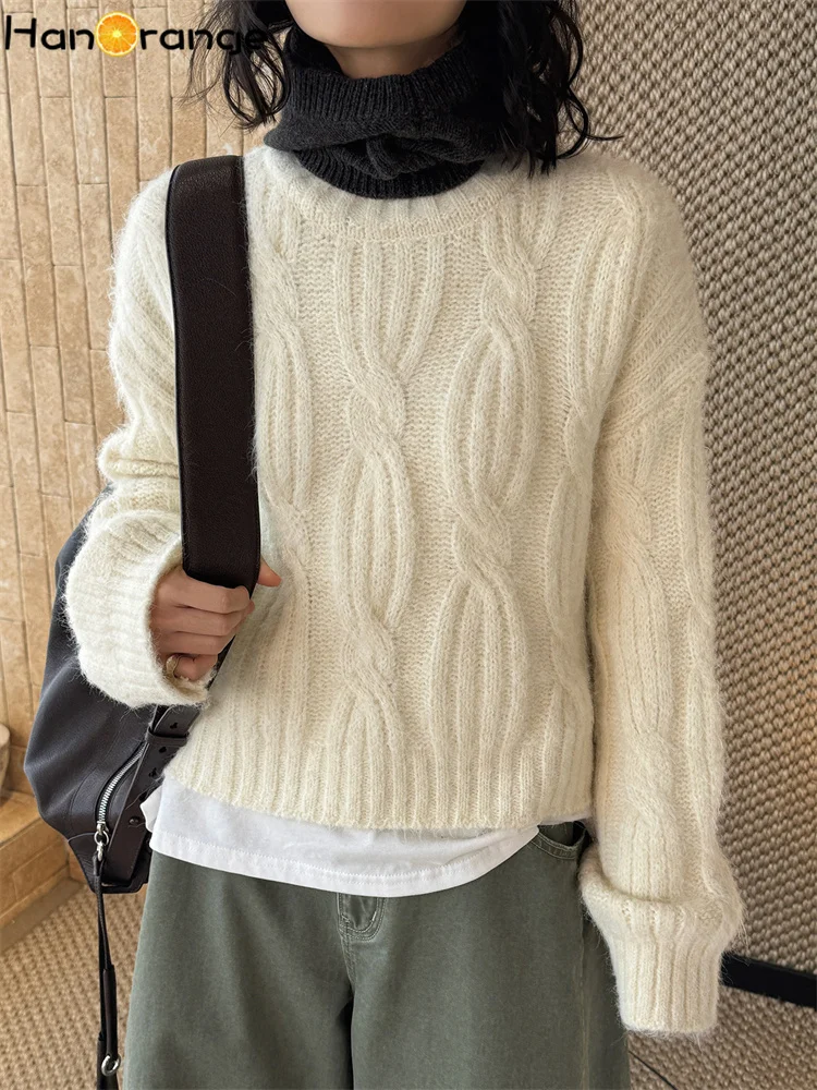 

HanOrange 2026 Весенний простой свитер с высоким воротником и узором «косы», вязаный из шерсти, женский, с мягкой восковой текстурой, цвет: молочно-белый/красный