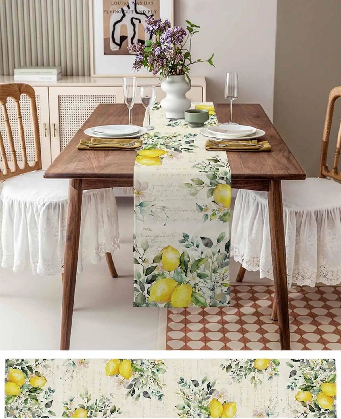 Green Eucalyptus Yellow Lemon Linen Table Runner Holiday Party Decor Seasonal Floral Plants Table Runners for Dining Table Decor