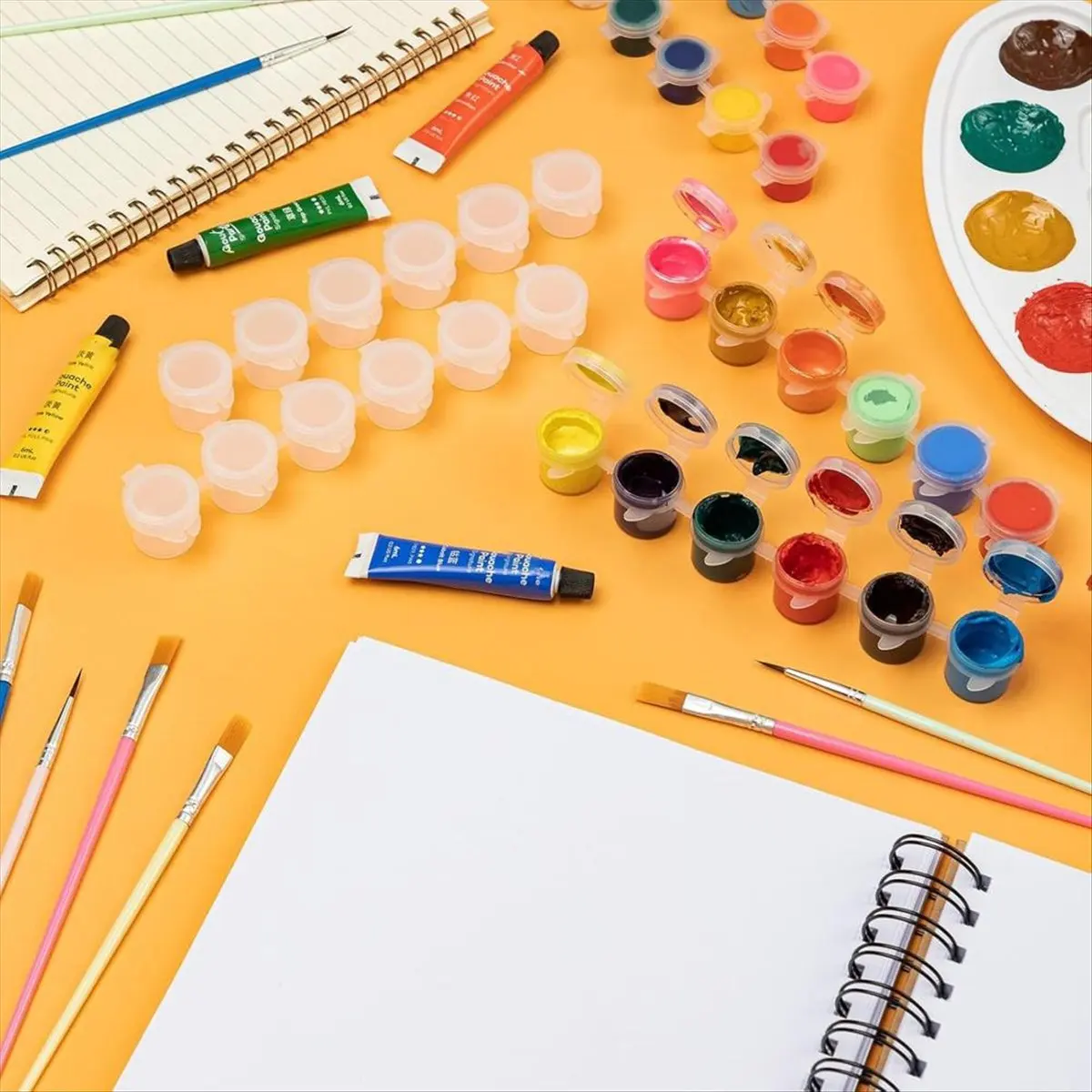A72P 150Pcs Paint Pot with Lid & 50Pcs Paint Brushes,0.17oz Empty Paint Containers with Lids, for Kids Classrooms Schools Art