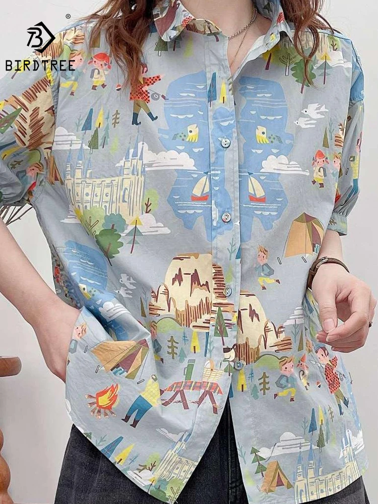 

New 2026 Summer Women Cotton Short Sleeve Shirt, Turn-down Collar Cartoon Print, Mori Girl Age Reduction Loose Blouse T64886CC