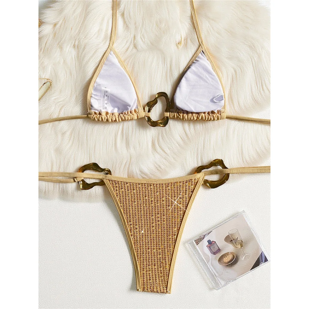 Neuer Glitzer-Pailletten-Bikini mit Neckholder, Damen-Badeanzug, zweiteiliges Bikini-Set mit Metallring, Badebekleidung, Badeanzug, Modell V7646 – Detail 4