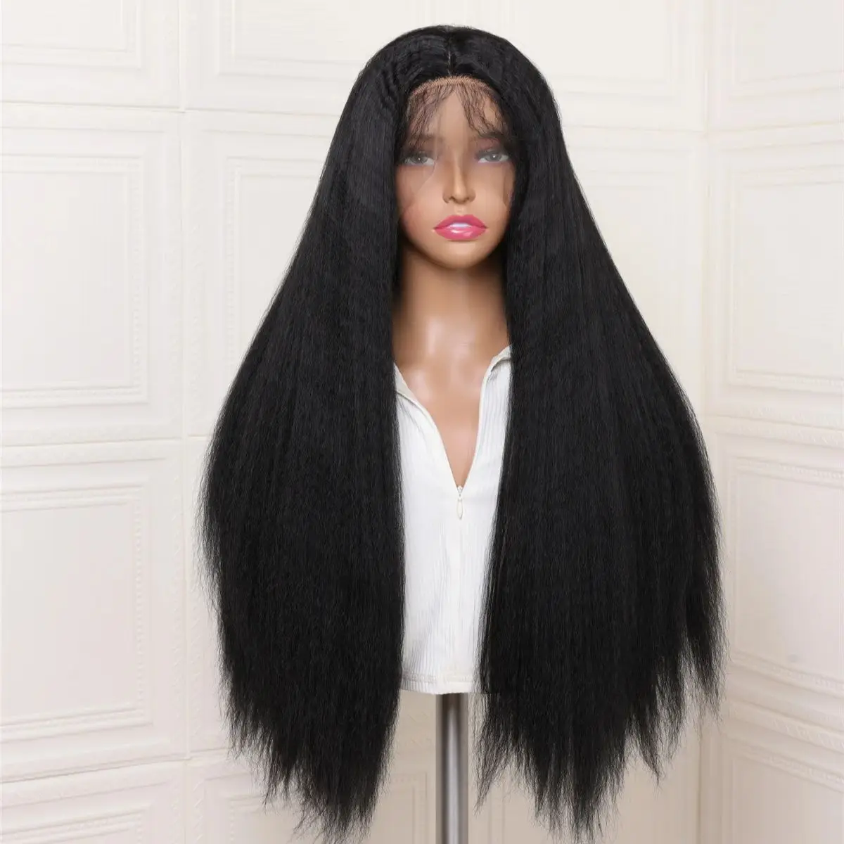 

Long 180Density Yaki 26Inch Black Kinky Straight Preplucked Lace Front Wig For Women With Baby Hair Glueless Synthetic Daily