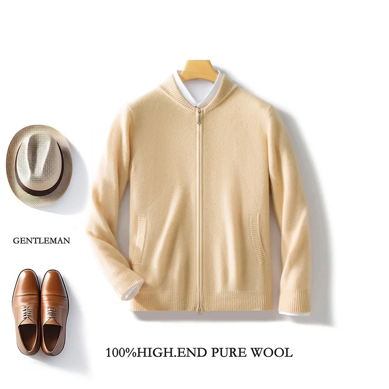 

100% Pure Wool Cardigan Men's Round Neck Solid Color Zipper Long Sleeve Knit Coat Loose Cashmere Sweater