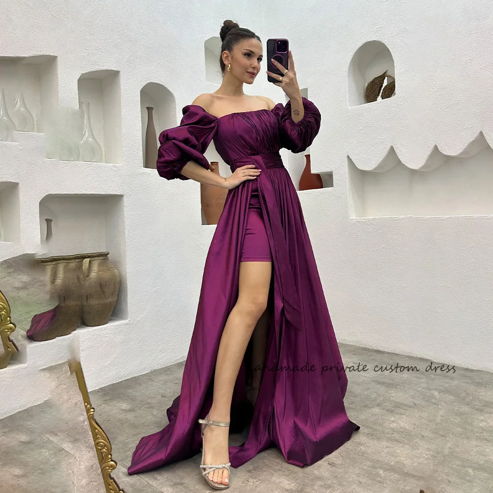 

Dark Purple Satin Off Shoulder Evening Dresses Side Split Strapless Prom Party Dress Long Arabic Dubai Celebrate Event Gowns