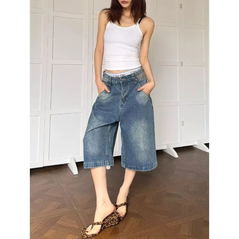 Summer Women's Fashion Button-Up Denim Shorts Calf-length Pants cool Girl High Waist Half Trousers Female Wide Leg Streetwear