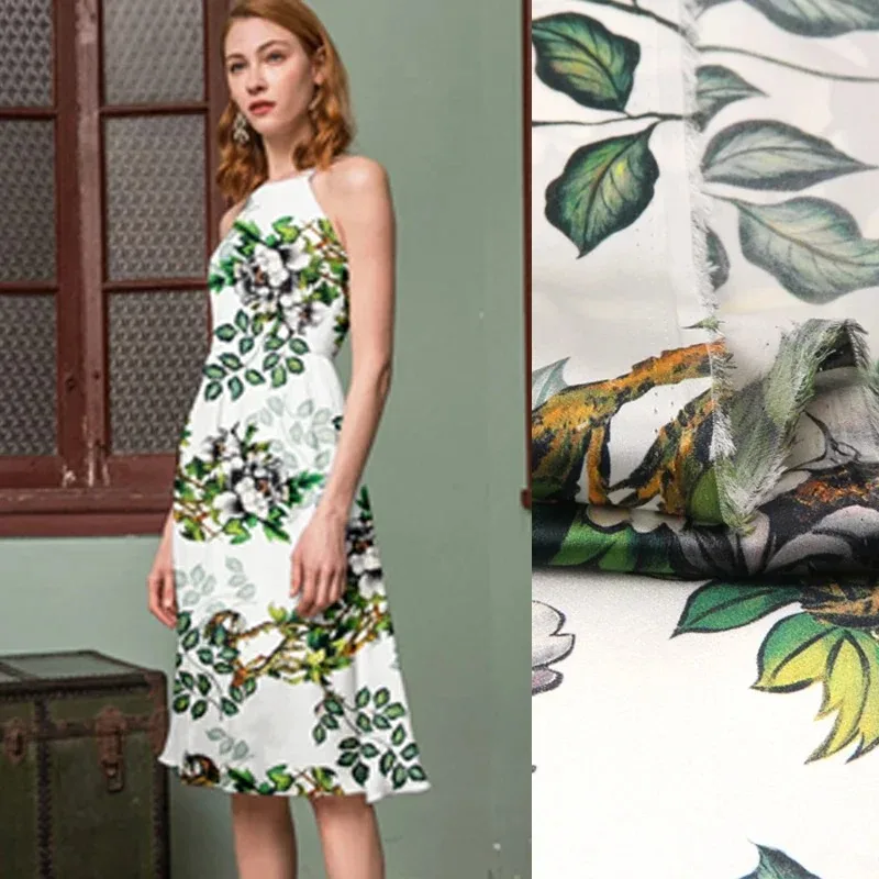 

118 см шириной 19 мм, 93% шелк и 7% спандекс с принтом деревьев, эластичная шелковая атласная ткань для летней одежды, классических брюк, швейный материал D917