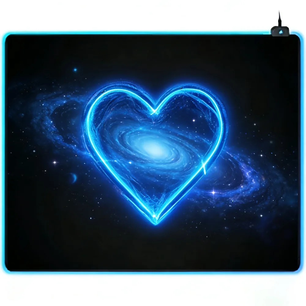 Blue Heart Galaxy Nebula RGB Gaming Mouse Pad Large Desk Mat, 360° LED Lighting Space Waterproof Non-Slip Mousepad