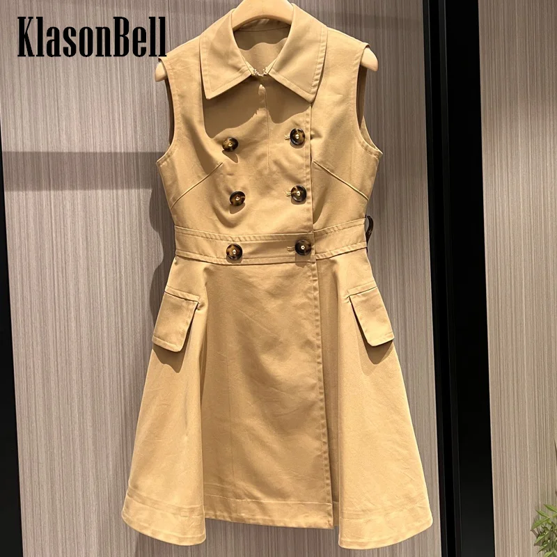 

7.22 KlasonBell Women Gold Button Double Breasted Lapel Sleeveless Dress Fashion Office Lady Collect Waist Design Mini Dress