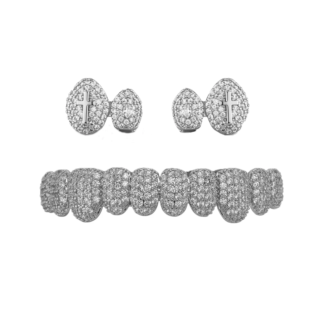 2-teiliges Hip-Hop Doppelzahn-Grillz-Set für Herren, massives Heiliges Kreuz CZ Ober- & Unterzähne Rapper Punk-Stil Glänzendes Weihnachtsgeschenk – Detail 11