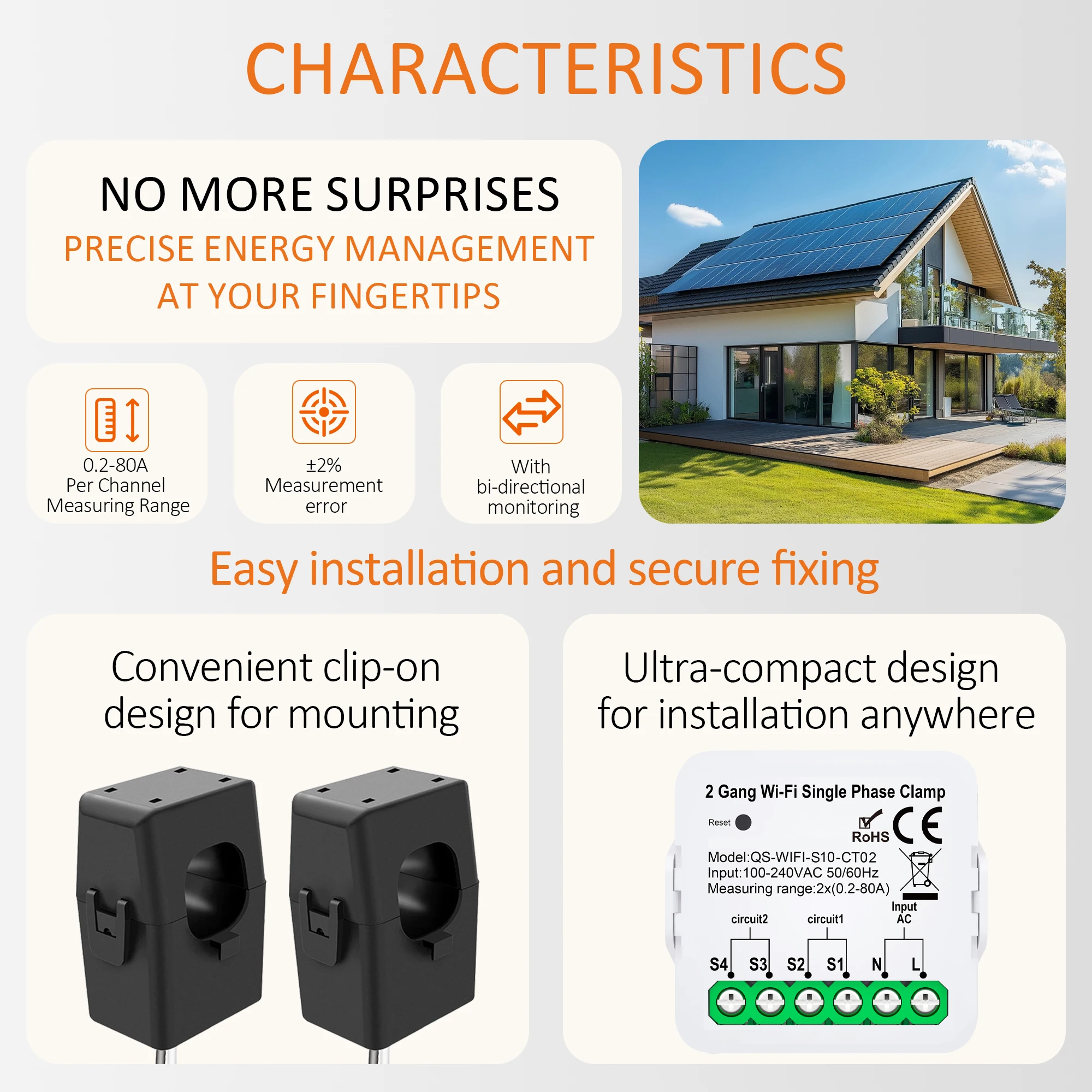 Tuya WiFi Smart Energy Meter AC100-240V 1/2CT Clamp App Control 80A Power Monitor Electricity Statistics