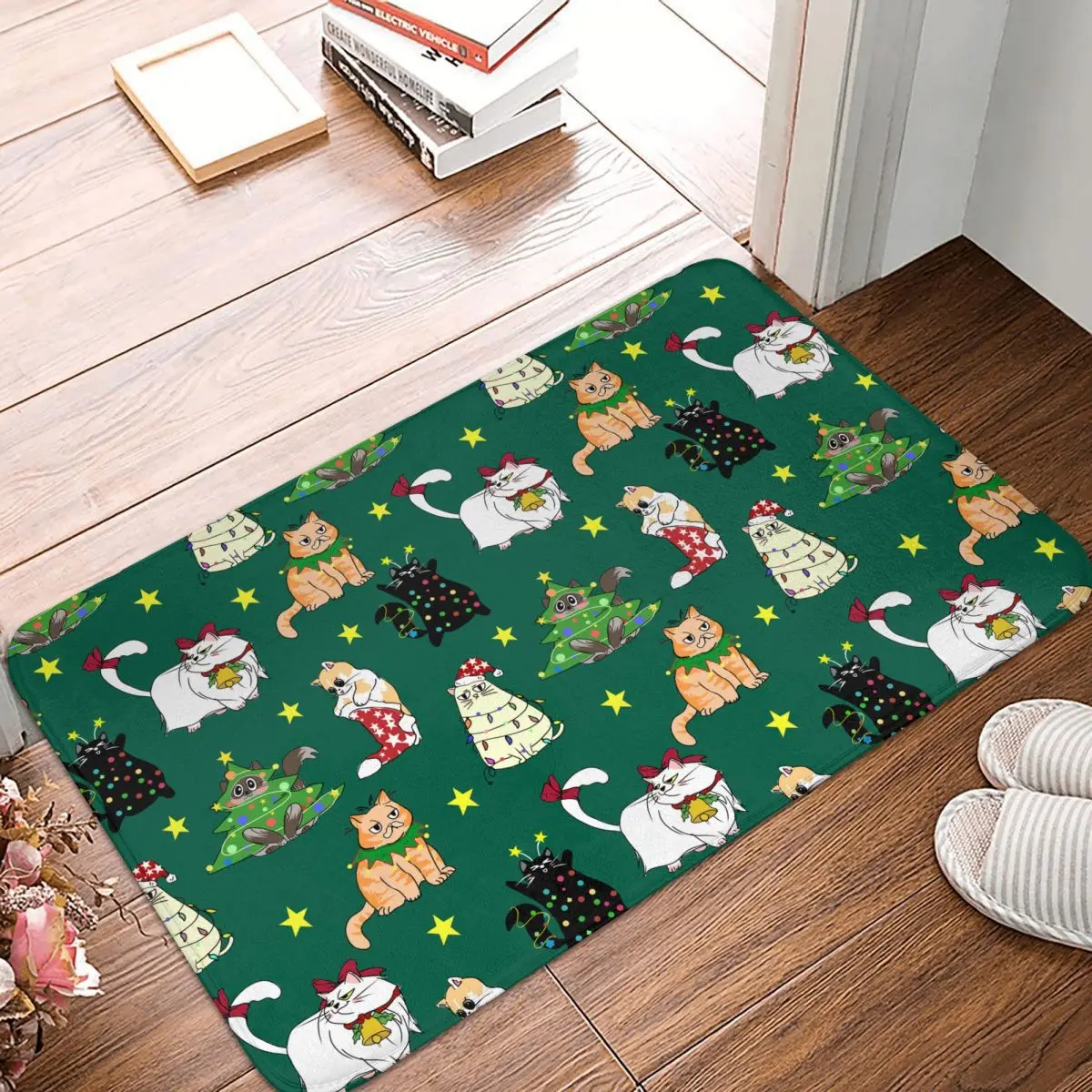 Christmas Cat Front Door Mat Anti-Slip Outdoor Quick Dry Doormat Floor Bath Entrance Rug Carpet