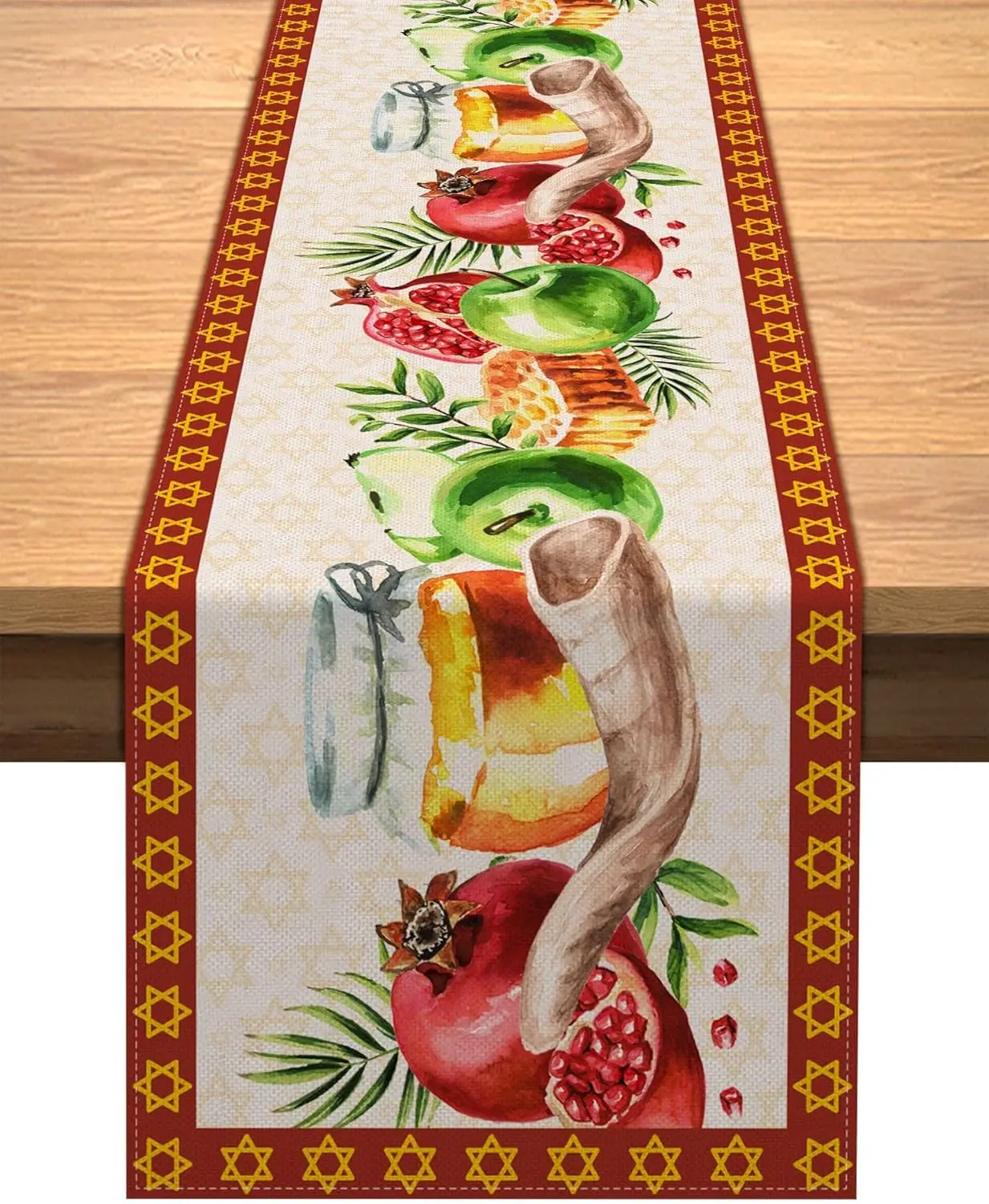 Rosh Hashanah Honey Sheep Horn Pomegranate Linen Table Runner Home Decor Shana Tova Hexagram Table Runners Jewish New Year Decor