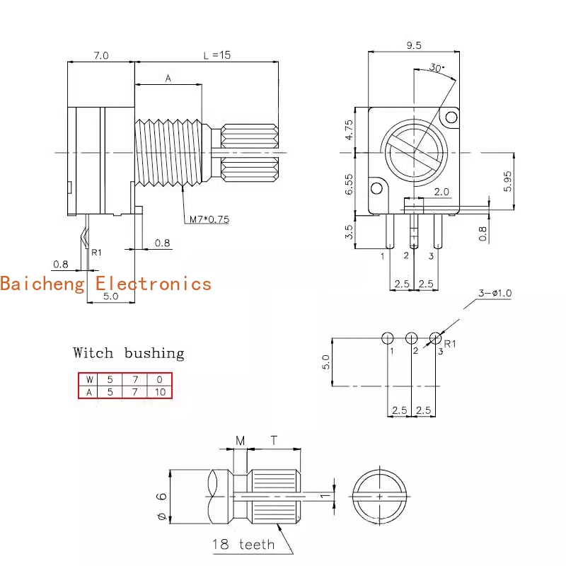 10 قطعة 097 الدقة 9 مللي متر وصلة واحدة الجهد B1K5K10K20K100K500K ضبط حجم التبديل رمح طول 15