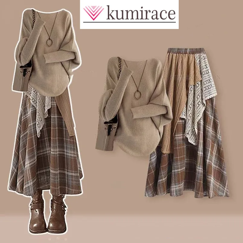 

Vintage Women's Set Autumn/Winter Korean Knitted Shirt Top Irregular Half Skirt Elegant Women's Two Piece Set