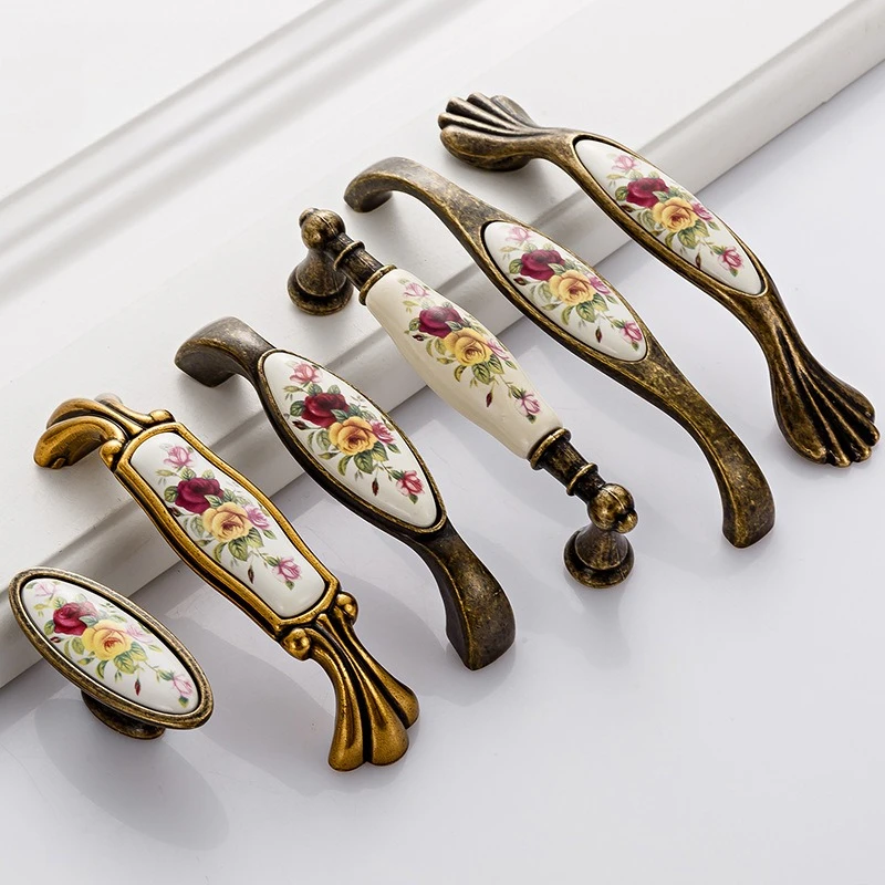 New Chinese Style Ceramic Flower Handles for Cabinets and Drawers Kitchen Cabinet Drawers Handles for Furniture Bronze Handles