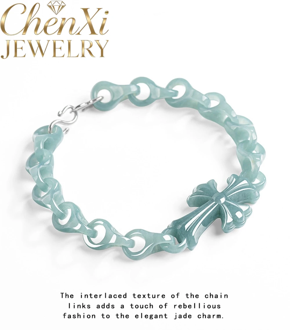 

High-end Natural Genuine A-grade Ice Blue Water Jadeite Cross Interlocking Rings Hand Bracelet Selling Luxury Quality Jewelry