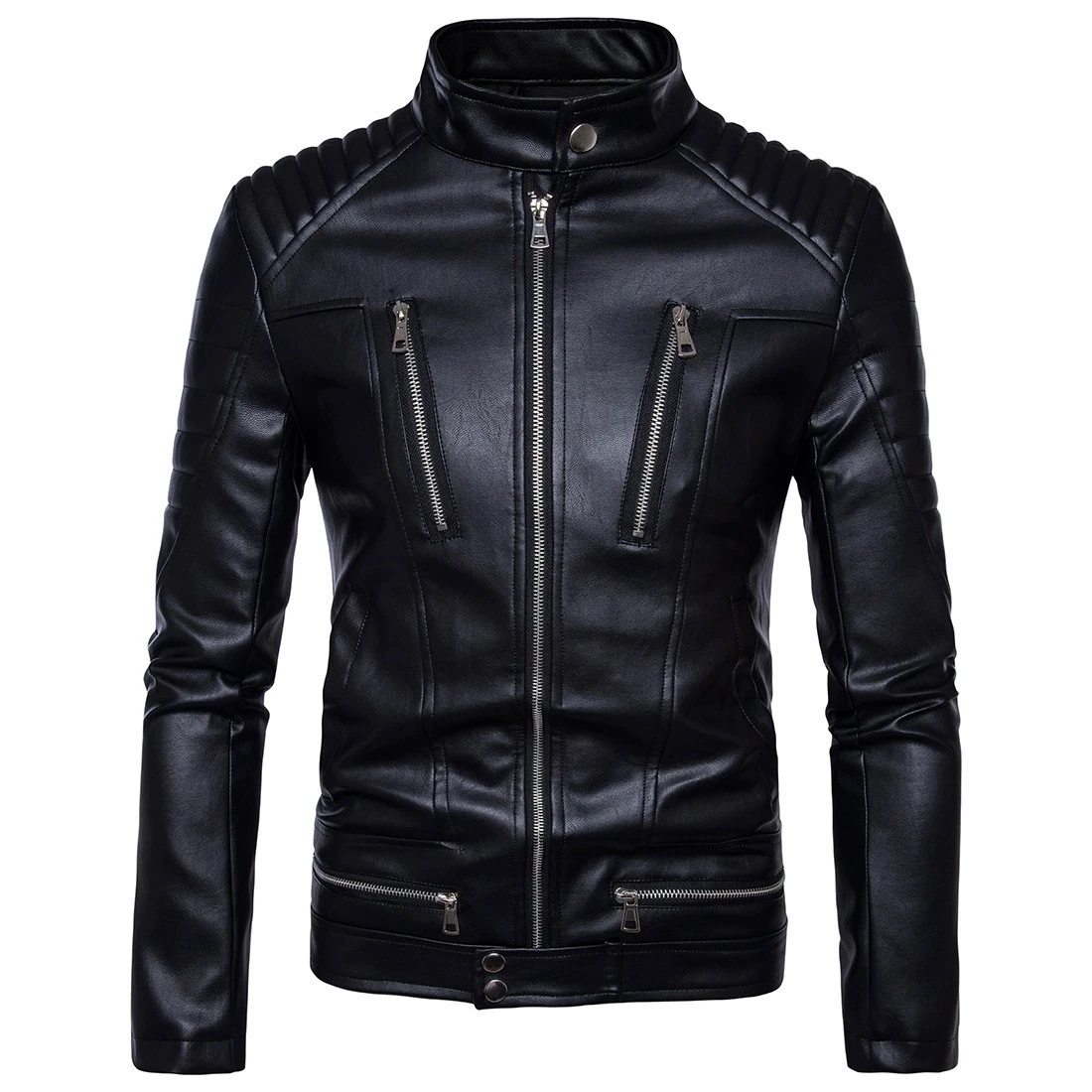 

New fashionable autumn and winter men's motorcycle leather jacket Korean version slim fit multi zipper leather jacket men's coat