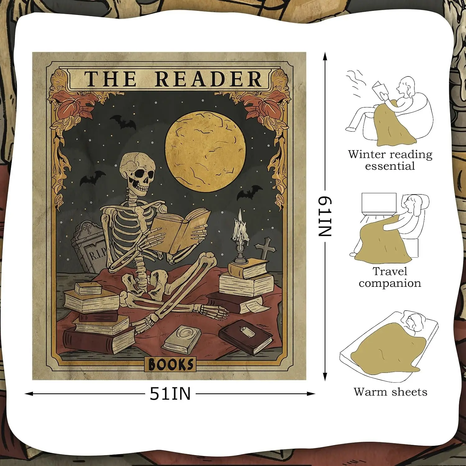 SmoothNovelty Halloween Skeleton Blanket 60 x 50 Inch Book Lovers Gifts Spooky Reading Throw Blanket Bookworm Skeleton Horror Gifts for Basket Women Bookish Librarian Book Club Reader