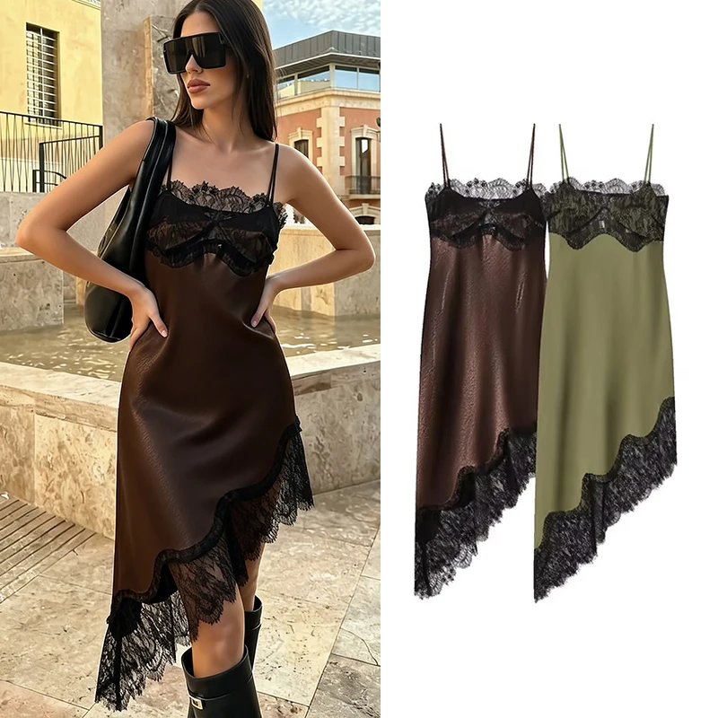 2026 Women Sexy Lace Splice Dresses Fashion Sleeveless Backless Satin Dresses For Women Spring Summer Elegant Party Dresses