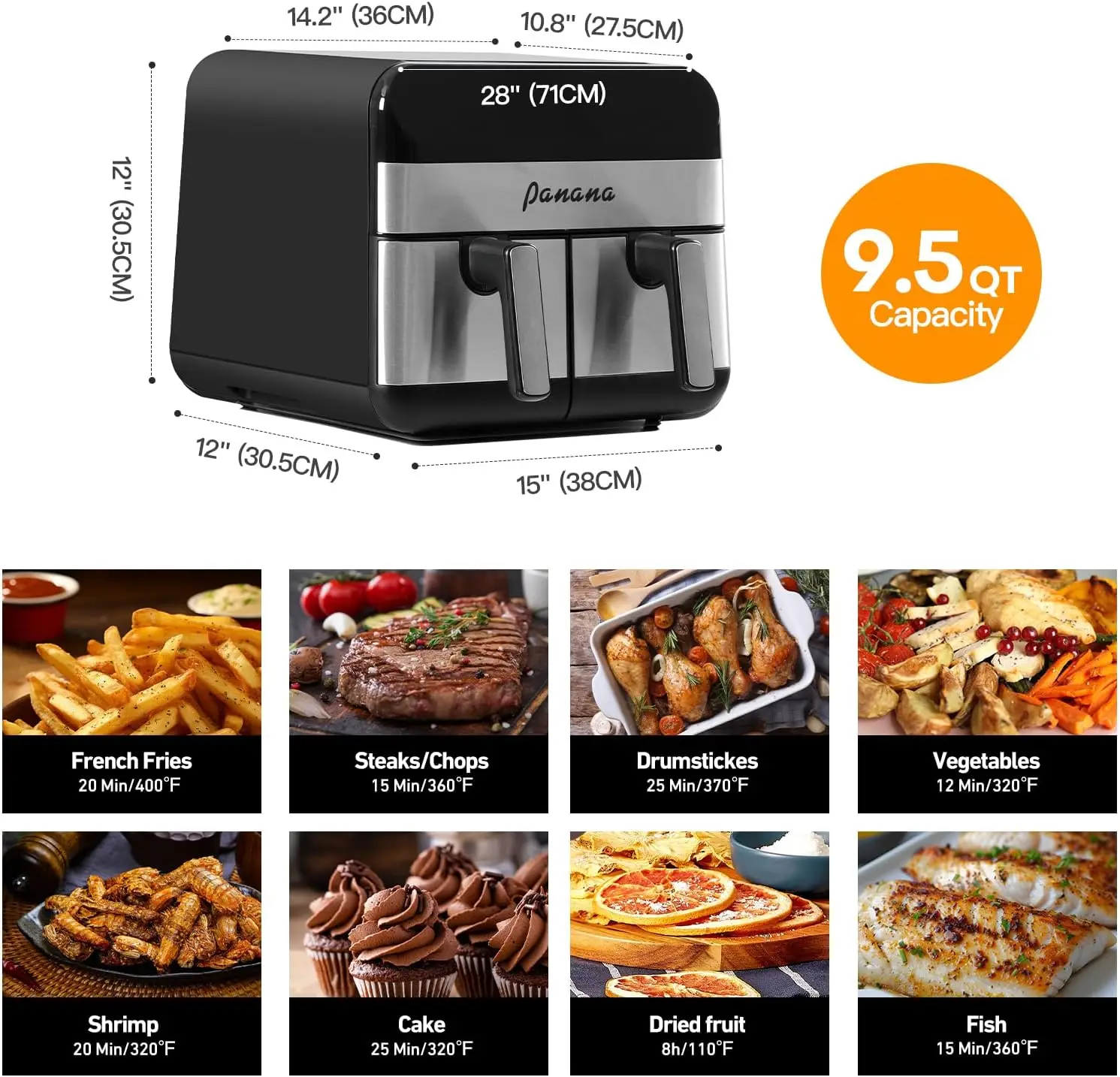 9,5 Qt luchtfriteuse met dubbele mand, 8 vooraf ingestelde functies voor familie en kinderen, perfect cadeau