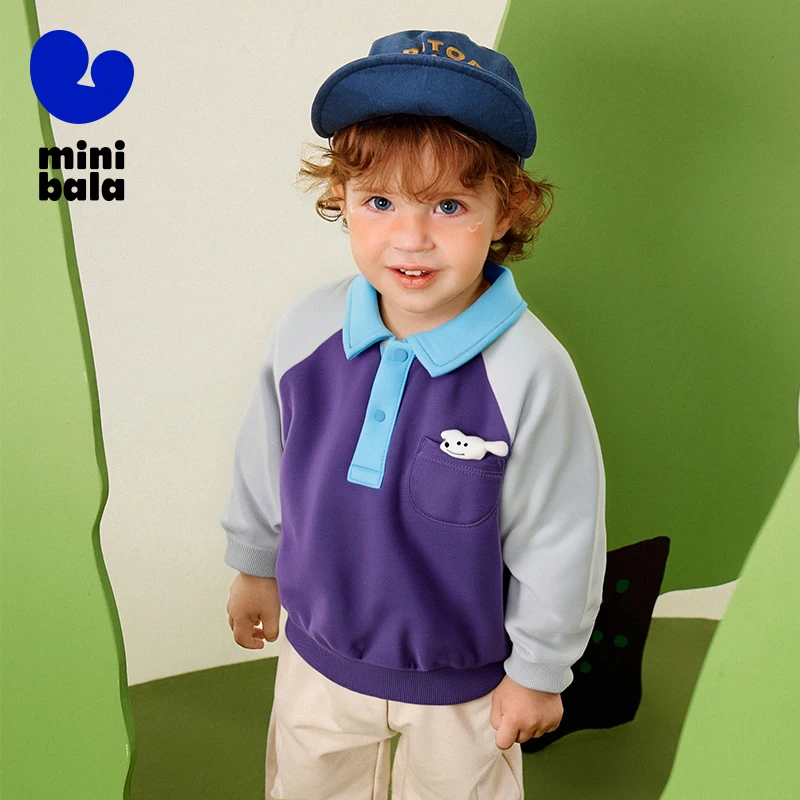 

Mini Bala Kids Long Sleeve Polo Shirt 2025 Spring New Vintage Color Block Baby Shirt