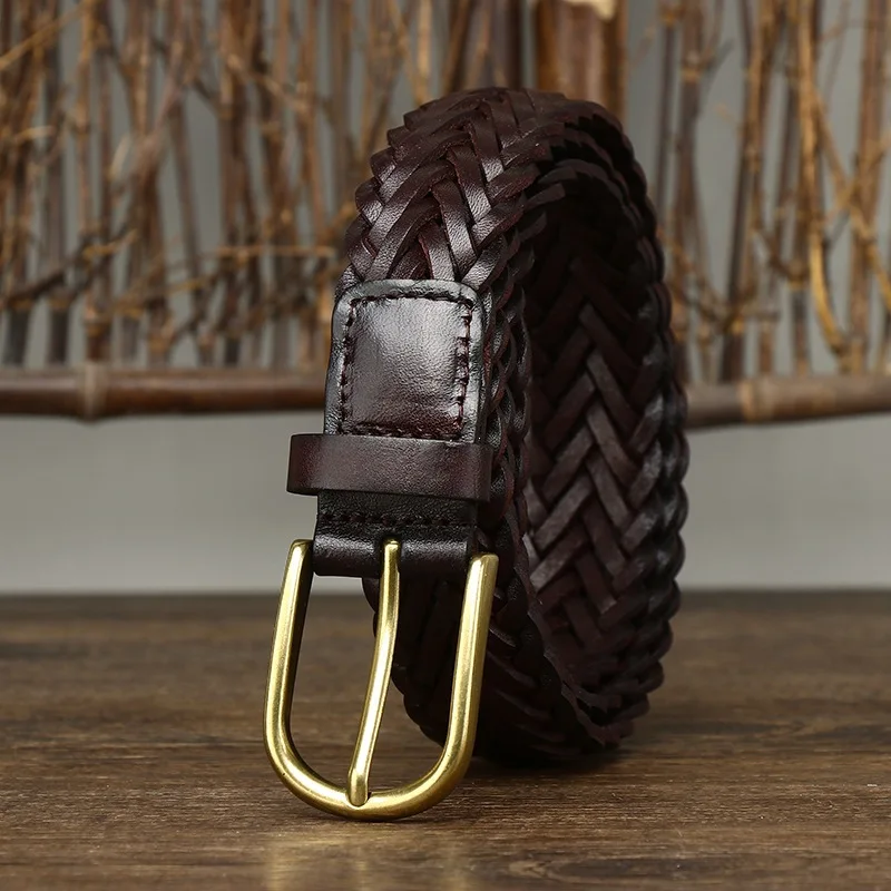Top-Grain Cowhide 3cm Wide Belt Hand-Woven Braided Leather Buckle Versatile Pin Buckle Trouser Belt