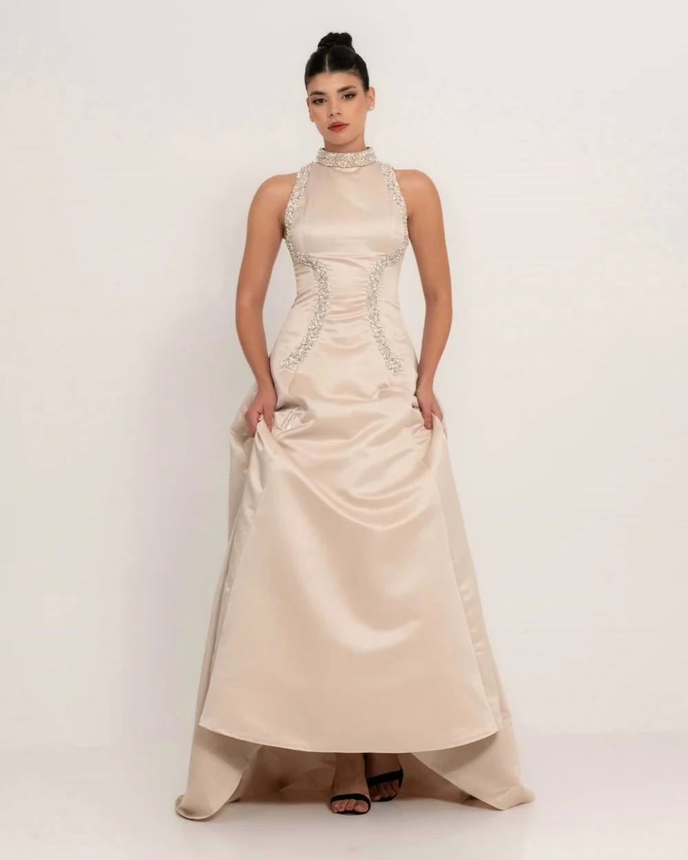 

Customized Chinese Style Charmeuse Pleat Sequined A-line High Collar Long Dresses Bespoke Occasion Celebrity Elegant