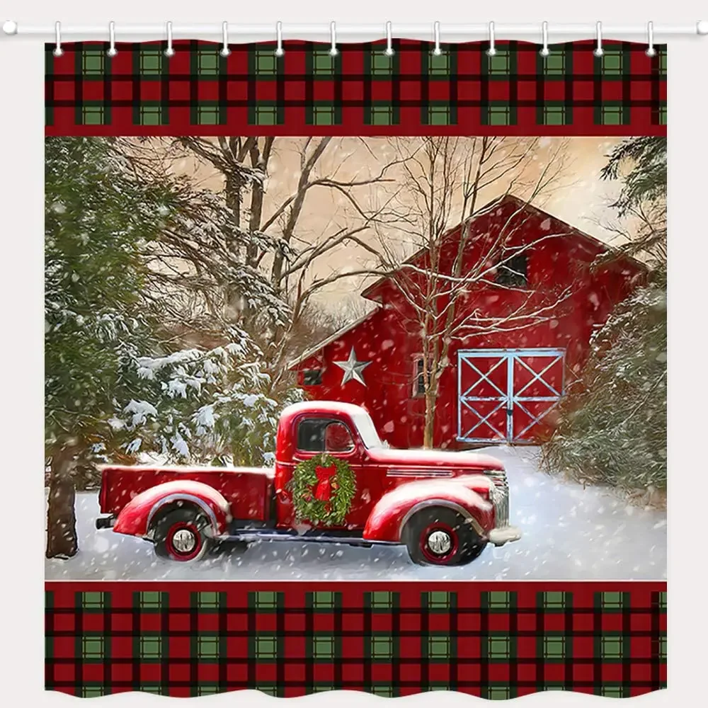 Christmas Shower Curtain Vintage Red Truck Barn Holiday Trees with Snow Polyester Fabric Bath Curtains with Hooks For Bathroom