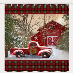 Christmas Shower Curtain Vintage Red Truck Barn Holiday Trees with Snow Polyester Fabric Bath Curtains with Hooks For Bathroom