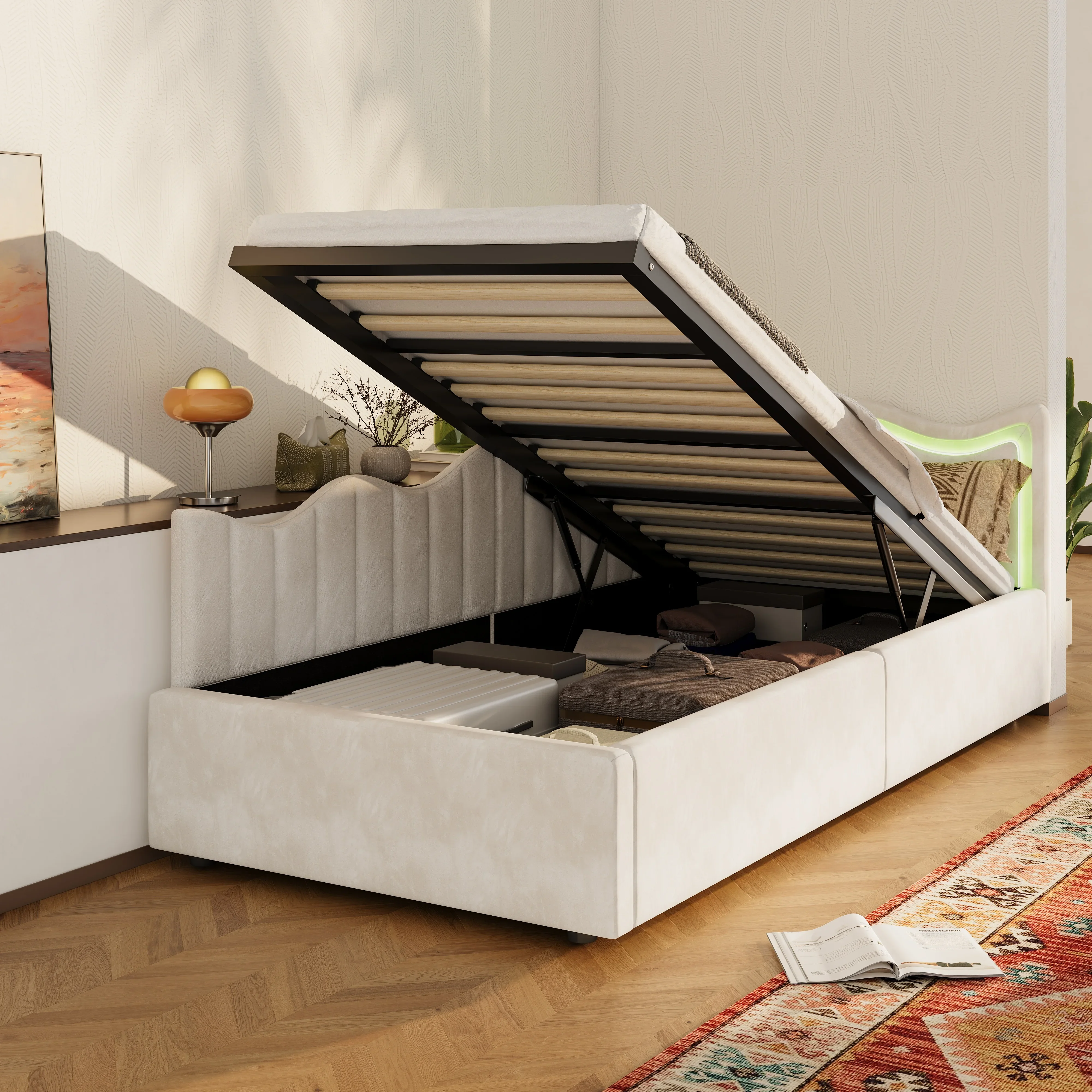Gepolstertes Schlafsofa, 90 x 200 cm, Einzelbett mit LED-Beleuchtung und USB, Jugendbett mit Lattenrost, Tagesbett, ohne Matratze
