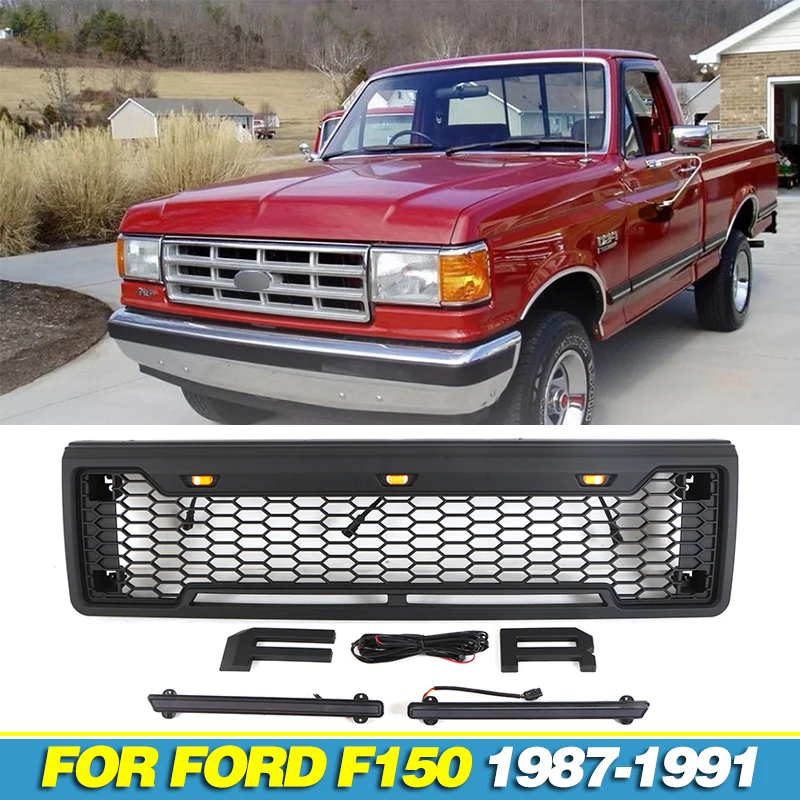 Auto Parts Front Grille with light bar Fits For Ford F150 1987-1991Racing Grill Matte Black