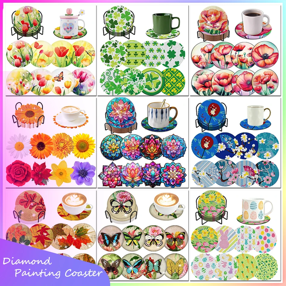 CHENISTORY 8Pcs DIY Diamonds Painting Coaster Bloom Flower Mosaic Cup Cushion Decor Diamond Painting Coaster Waterproof Cover