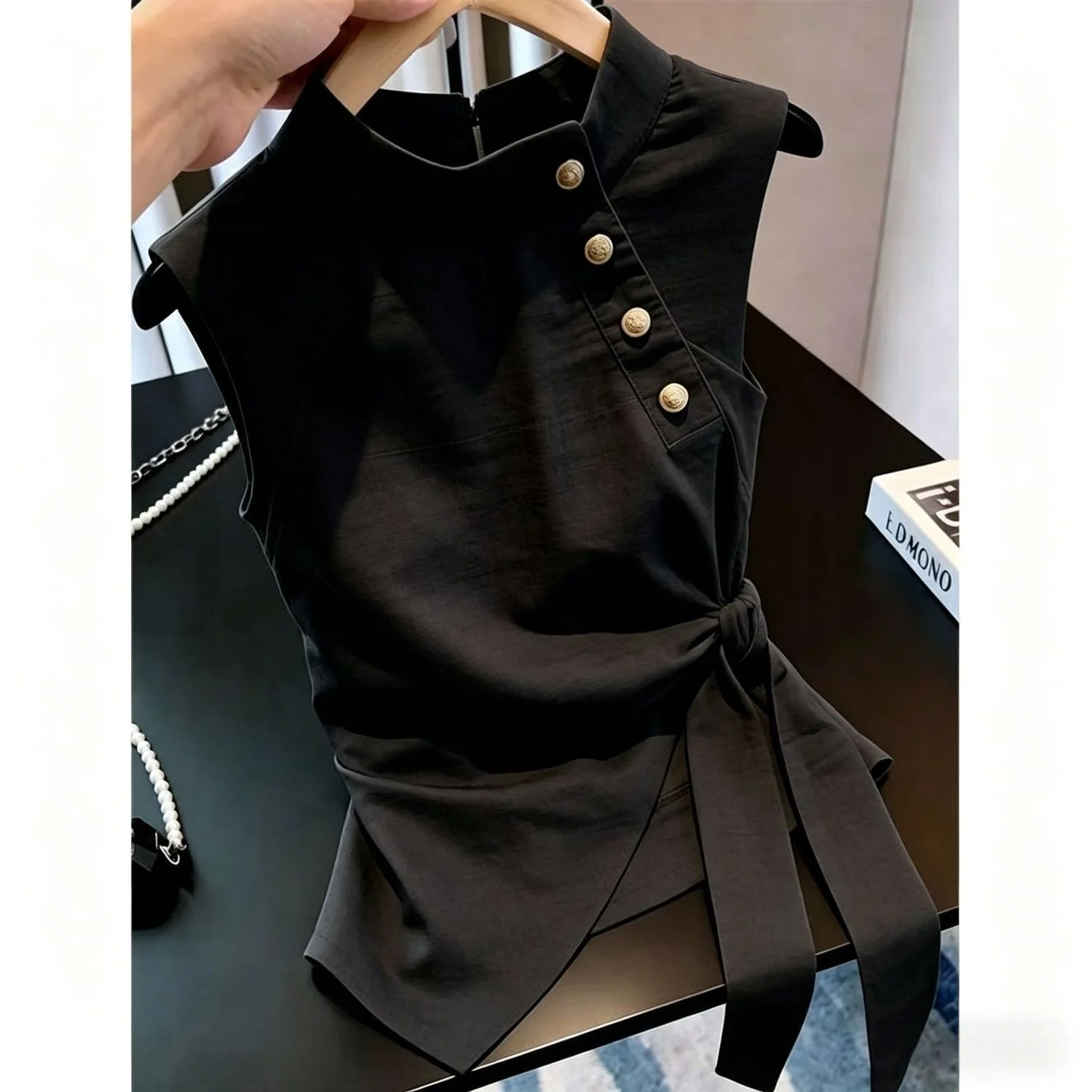 plus Size Asymmetrical Belted Stand Collar Sleeveless Shirt Women's Summer 2026 Slimming Versatile Elegance Top view 3