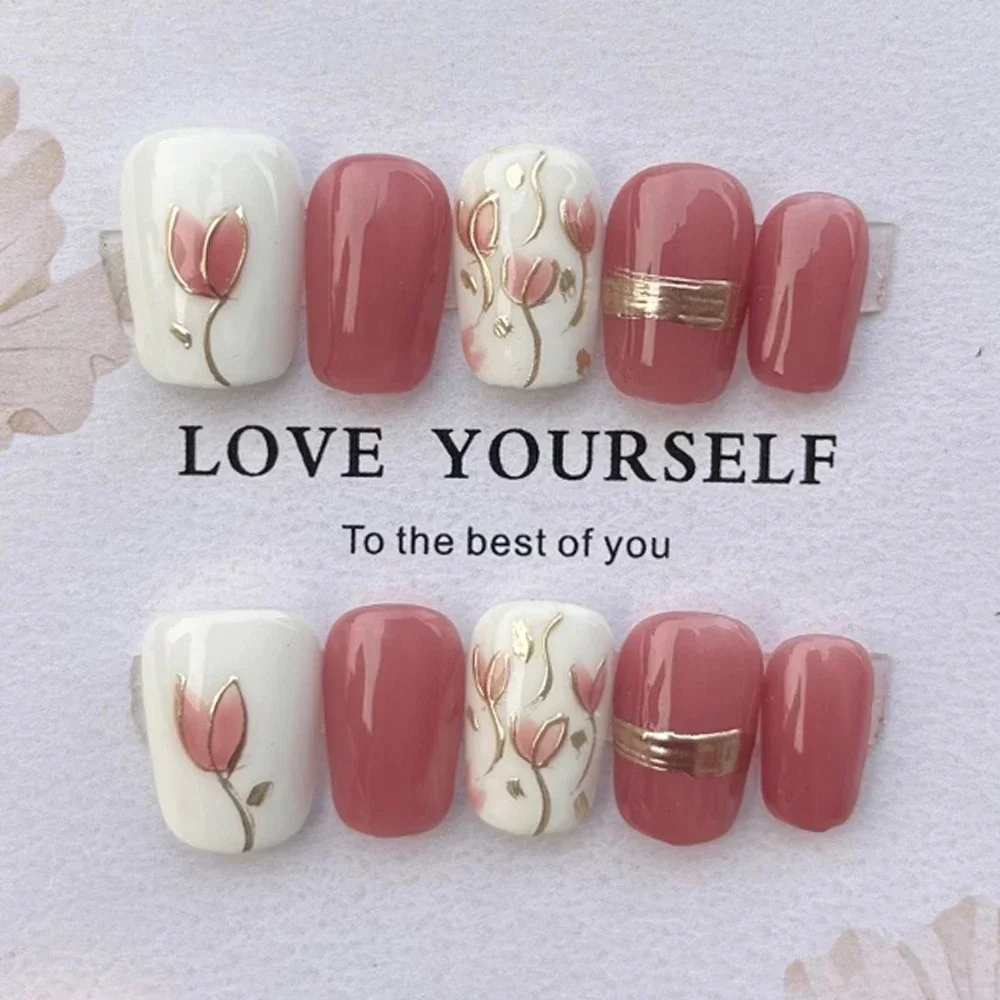 10Pcs Cute Short Square Oval Full Cover False Nails Hand-Painted Flower Gradients Cat Eyes Pearl Wearable Artificial False Nails