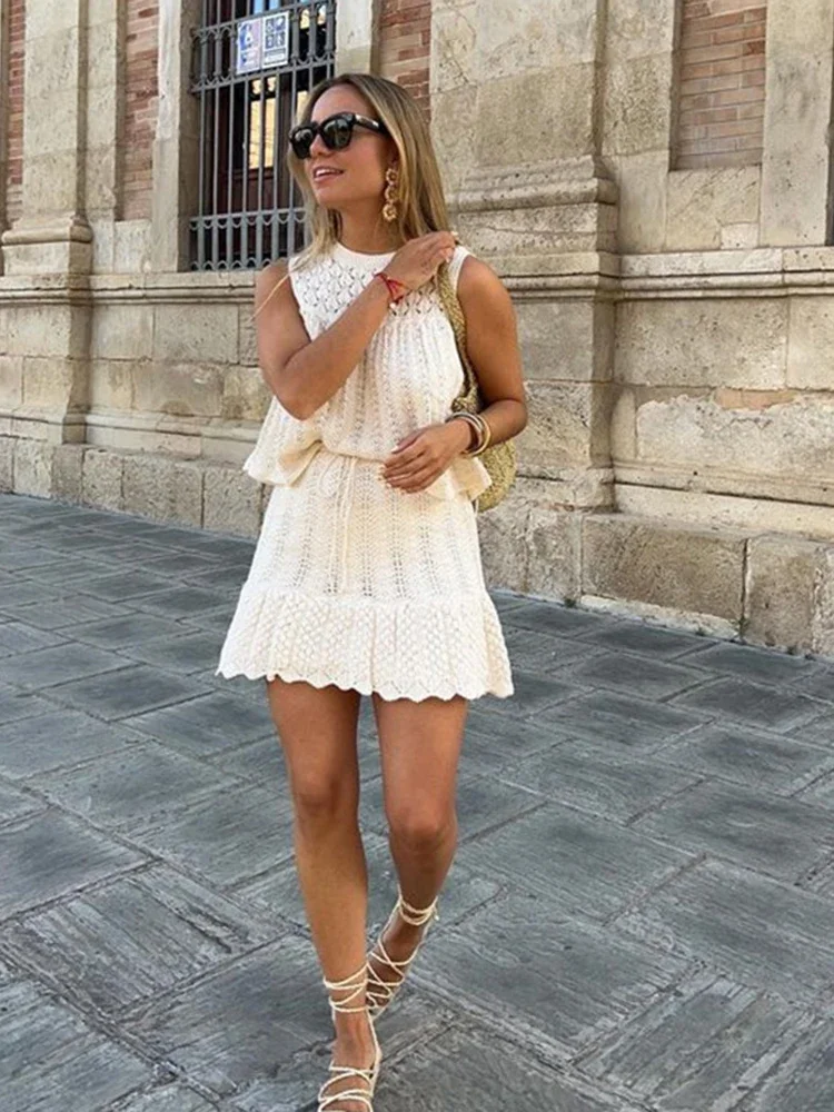 Set di gonne da donna in maglia jacquard lavorata a maglia nuova elegante minigonna a trapezio con coulisse e gilet senza maniche con scollo a O scavato