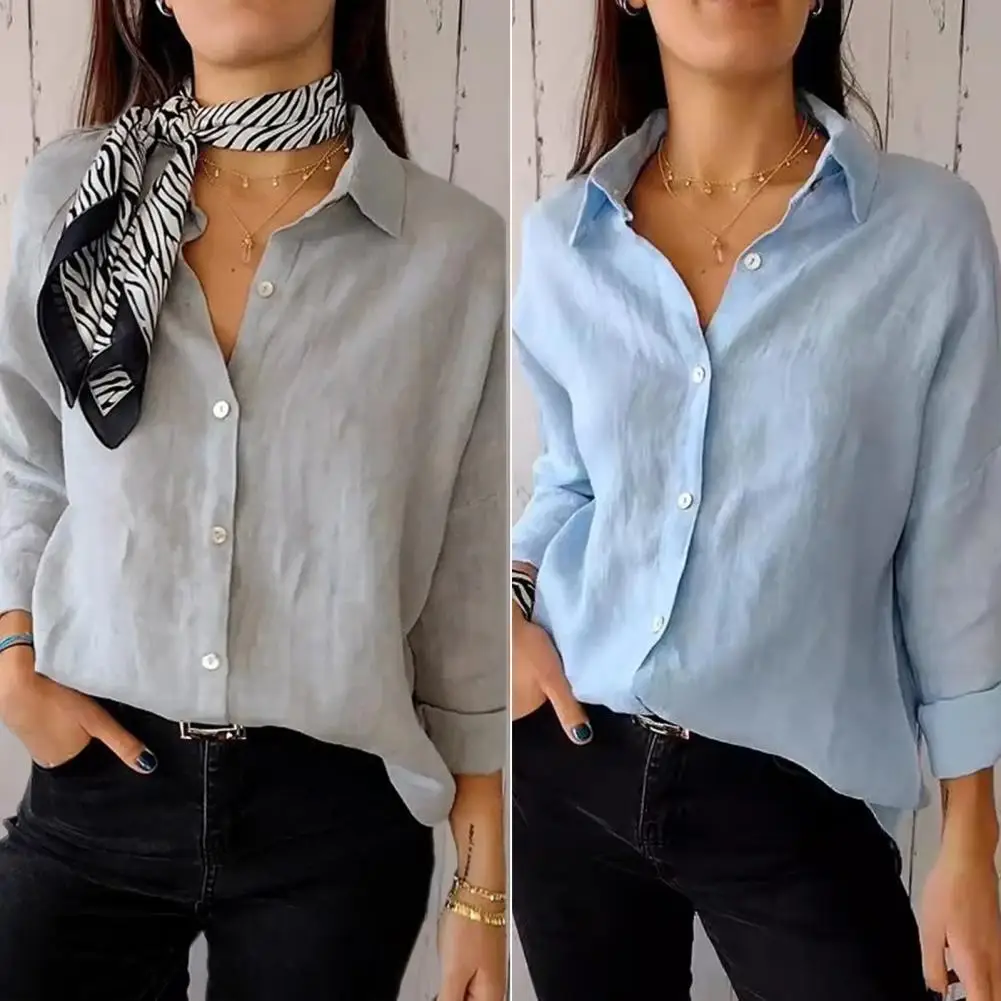 Women Shirt Elegant Lapel Long Sleeve Women's Shirt Solid Color Loose Fit Casual Office Lady Top Stylish Single for Women