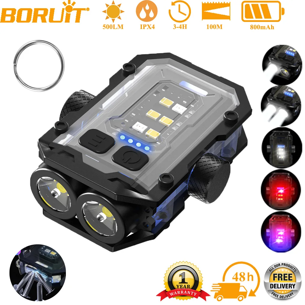 BORUiT LED Super Bright 500LM Flashlight  Small EDC Keychain Torch USB C Rechargeable Magnetic Work Light Camping Pocket Lantern