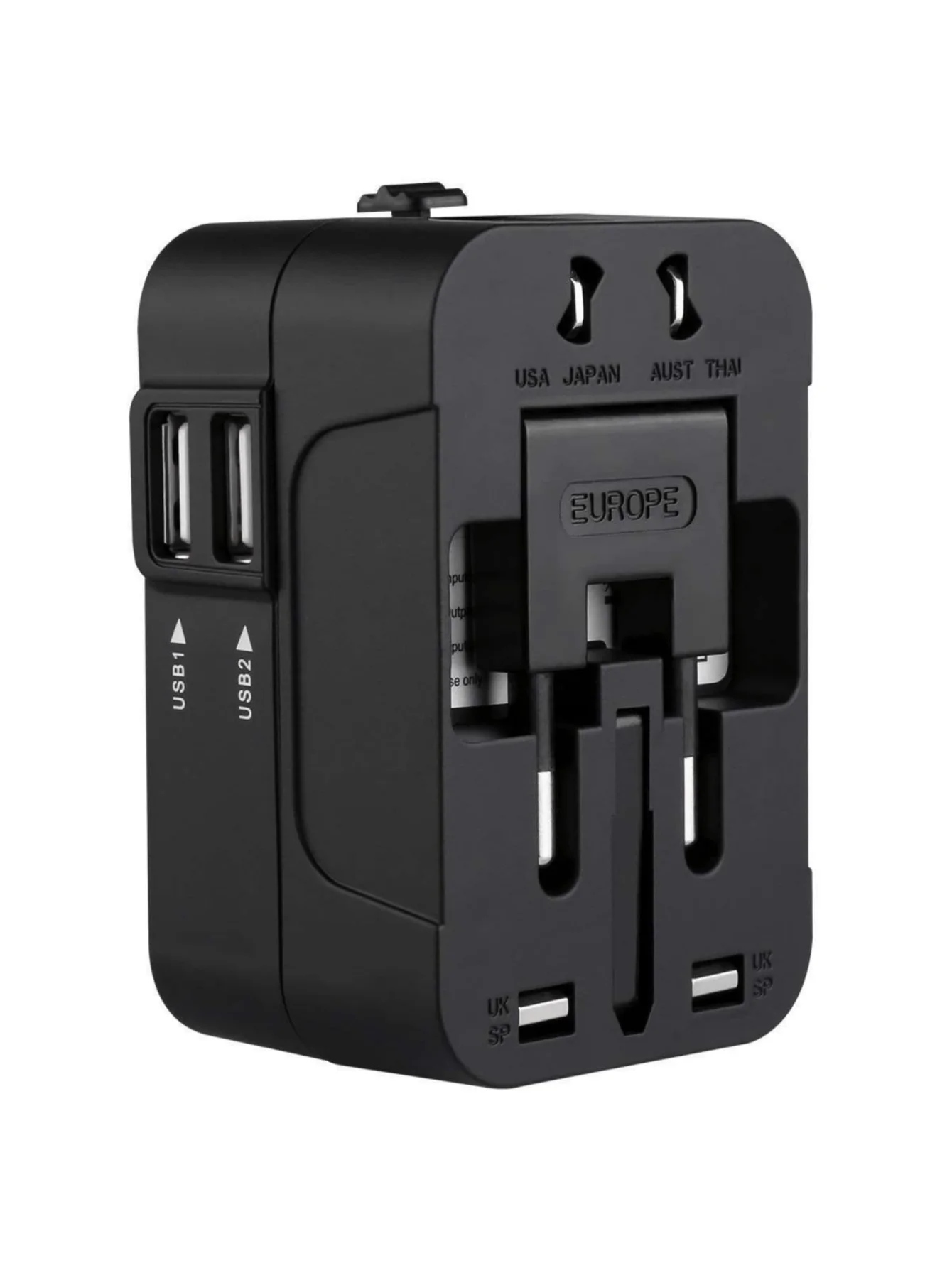 قطعة واحدة من مقبس السفر العالمي، منافذ USB مزدوجة، مقابس أوروبية/أمريكية/بريطانية/أسترالية، مناسبة لأكثر من 150 دولة/منطقة