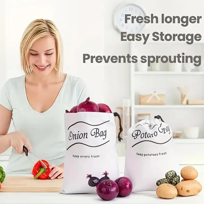 Potato Onion Storage Bag Keep Fresh Vegetable Fruit Organizer Drawstring Canvas Bags Reusable Sacks Holds Keeper Large Capacity view 4