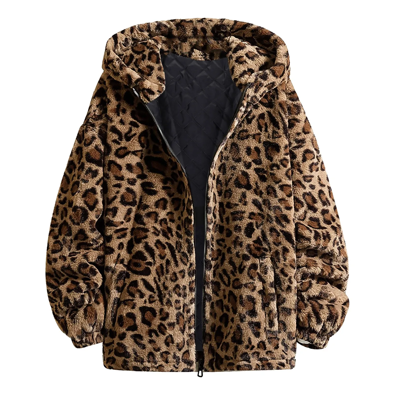 Long Sleeve Leopard Print Fuzzy Fleece Jacket Zipper Pocket Hooded Outerwear Juniors Women Loose Fit Comfy Casual Jackets