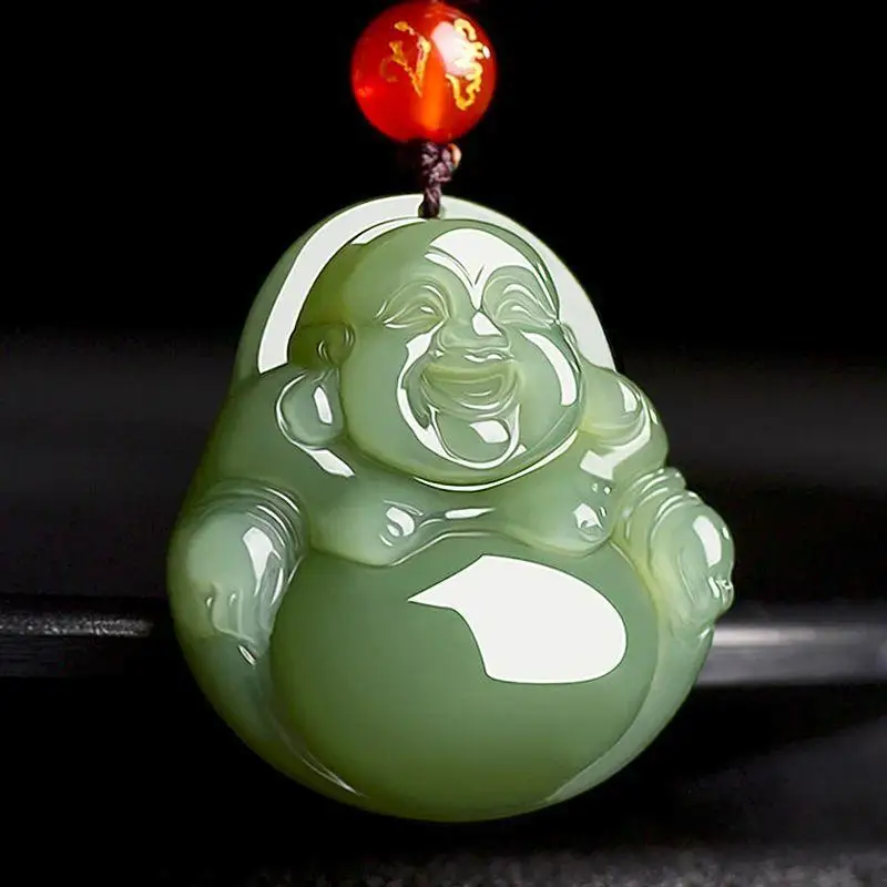Hetian Maitreya Green Necklace Laughing Buddha Ornament Jade Pendant Jewelry